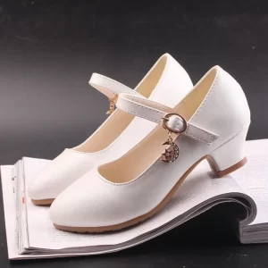 Zapatos de cuero para niñas, zapatos blancos de princesa con tacón alto para niñas, sandalias de baile para espectáculos de estudiantes, tallas 28-41