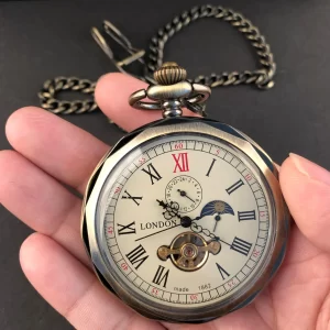 Reloj de bolsillo mecánico Vintage de lujo, relojes Fob de cadena informales Unisex con cuerda a mano y Luna multifuncional