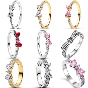 Anillo de Plata de Ley 925 con lazos rojos, rosas y blancos, joyería para mujer, diseño abierto, regalo de moda para fiesta de boda