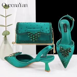 Zapatos de Tacón Alto con Pedrería Color Verde de la Marca Queen Yan, Cómodos y Elegantes, con Punta en Pico, para Mujer o para Ir al Trabajo