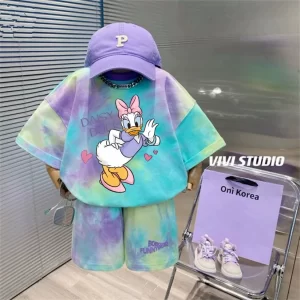 Conjunto de ropa de verano para bebé, camisetas y pantalones cortos con estampado de pato de Disney para chico y niña, traje de 2 uds., trajes teñidos anudados de manga corta