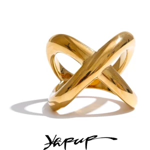Yhpup 6789 # Anillo de dedo geométrico en forma de X de acero inoxidable chapado en PVD, joyería pulida hecha a mano de Metal liso resistente al agua