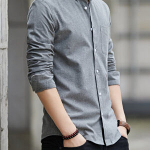 Camisa Clásica de Manga Larga Azul Sólido para Hombre, Elegante Cáñamo Casual de Negocios SKU: Sm25090241132373777