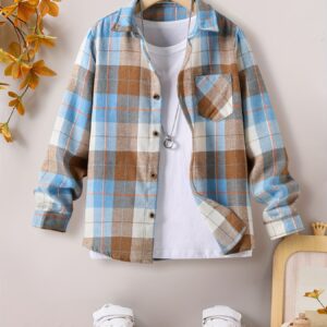 Camisa de Otoño/Invierno Nueva de Cuadros en Tela de Sarga con Cuello Cuadrado, Manga Larga, Botonadura Simple y Bolsillo para Ropa de Abrigo de Niños Medianos y Grandes
