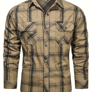 Camisa de manga larga de cuadros vintage para hombre con varios bolsillos - Estampado de cuadros beige y marrón, diseño de cuello con botones para uso casual primavera/otoño, otoño casual | Camisa de estampado de cuadros | Tela no elástica