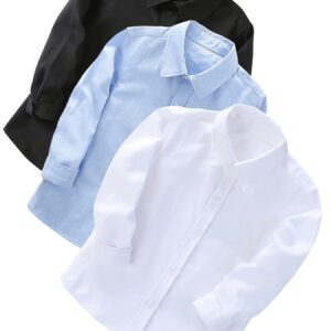 Conjunto de 3 camisas de manga larga blancas y azules para niño | Estilo preppy, tela sin elasticidad, corte regular para la escuela y presentaciones