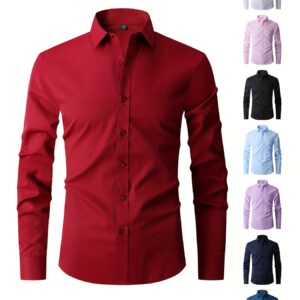 Nueva camisa de manga larga para hombres, ajuste slim para adultos jóvenes, camisa blanca casual de negocios en color sólido, disponible en tallas grandes.