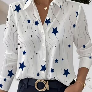 TD0102001 Blusa Elegante para Mujer con Estampado de Estrella de Cinco Puntas, Camisa de Manga Larga, Top Profesional