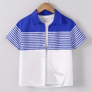 Camisa Casual de Manga Corta para Niños, Estilo Ligero de Negocios, Rayas de Colores Contrastantes para Verano, Tallas 130-170