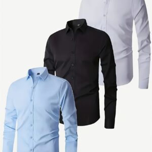 Un conjunto de tres camisas de trabajo elásticas para hombre, multicolores, aptas tanto para uso casual como para negocios, se pueden limpiar en seco, con un diseño de manga larga ligeramente elástico.