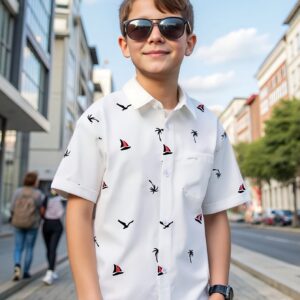 Camisa de verano blanca estampada para niño con cierre de botones de un solo hilera, prenda superior elegante para niños grandes