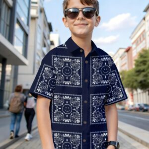 Camisa de Manga Corta para Niños en Azul Oscuro con Estampado Digital de Flores Blancas, Ideal para Uso Diario Casual, Cómoda y Holgada, Tela de Rayón de Bambú de 125g