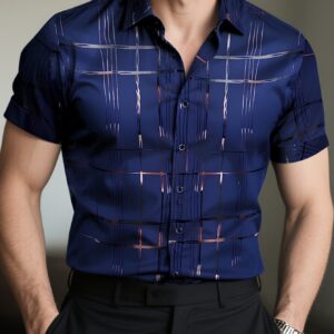Camisa clásica de manga corta con cuello de botones para hombre, estilo náutico, con detalle de patrón de lámina dorada, ideal para primavera, verano y otoño, perfecta para la oficina, negocios, ocasiones casuales y formales.