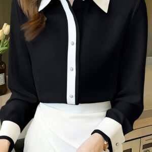 Camisa Elegante de Bloques de Color para Entrevistas de Oficina para Mujer, Estilo Primavera/Otoño