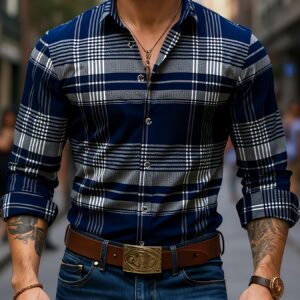 ¡Eleva tu estilo! Camisa de manga larga para hombre a cuadros negros y grises, desbloqueando nuevas tendencias de moda
