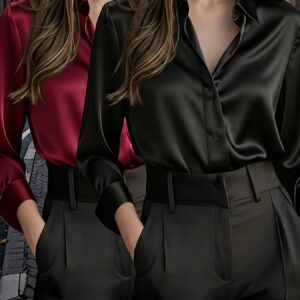 Conjunto de 2 Piezas para Mujer: Camisa de Manga Larga de Color Sólido con Solapa, Diseño Simple y Moderno, Top de Lujo Ligero que Exuda Elegancia y Profesionalismo. Ideal para Diversas Ocasiones como el Trabajo, Citas y Uso Diario