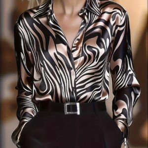 Blusa Elegante para Mujer en Negro y Rayas - Camisa de Manga Larga con Botones y Cuello Clásico, Blusa Versátil para Oficina y Fiesta en Todas las Estaciones, Moda Profesional para Mujer, Top con Estampado Floral