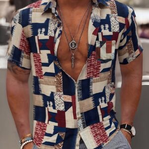Camisa de manga corta para hombre, camisa estampada estilo vacaciones de verano para hombre, con mangas cortas y diseño abotonado