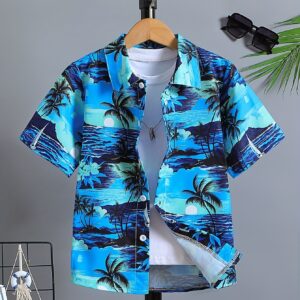 Camisa Holgada De Verano Con Estampado De Árboles De Coco Para Chico, Estilo Hawaii Aloha, Manga Corta, Cómoda Y Transpirable, Ideal Para Vacaciones