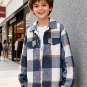 Chaqueta camisa vintage a cuadros con botones y manga larga para niños de 8 a 12 años, perfecta para uso diario al aire libre