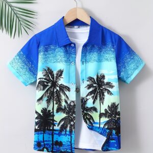 Camiseta degradada de manga corta con estampado de plantas tropicales para niños grandes, estilo casual de moda para vacaciones de primavera/verano, tallas 130-170