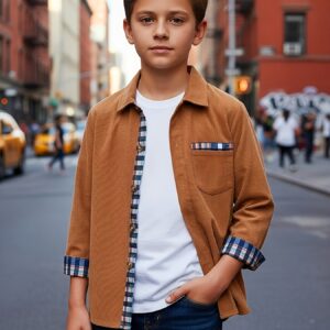 Este es un solo artículo (no incluye ropa interior): una camisa de pana de manga larga, elegante y casual, para edades de 130-170, con un diseño retro de color sólido y patchwork a cuadros, ideal para primavera y otoño.