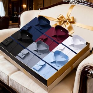 Un conjunto de seis camisas de manga larga elásticas de color sólido para hombre, diseñadas para primavera y otoño, adecuadas para ocasiones casuales y semiformales, con un corte elegante y tejido de alta calidad, solo las camisas.