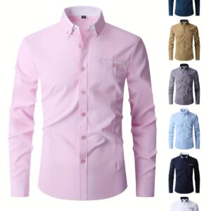 Camisa de manga larga para hombre, nueva colección de otoño, estilo business casual, camisa blanca ajustada con bolsillos decorativos simulados y puños contrastantes.