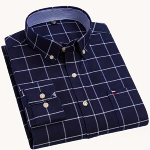Camisa Oxford de manga larga a cuadros para hombre | Moderna con cuello de solapa, detalles de bolsillo bordados, tela sin elasticidad, para todas las estaciones