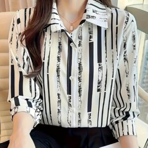 Camisa Casual de Mujer a Rayas de Manga Larga | Rayas Verticales Blancas y Negras, Ligera, Ideal para Primavera/Verano/Otoño | Cuello de Solapa Clásico, Blusa Elegante y a la Moda