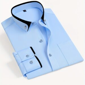 Camisa de vestir de manga larga para hombre con cuello de bloques de color, botones de cristal, cuello de solapa, cárdigan de moda casual de negocios, camisa elástica antiarrugas con bolsillos