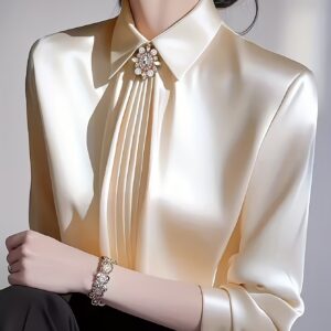 Camisa de manga larga con cuello, diseño de color sólido, elegante y versátil para el trabajo, ropa de mujer