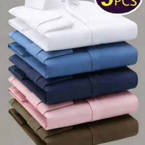 Un conjunto de cinco camisas elegantes de manga larga para hombre, cómodas y sin arrugas, ideales para un vestuario casual de negocios en todas las estaciones, ligeras y duraderas, con un corte formal, diseño de un solo botón y perfectas para reuniones y salidas.