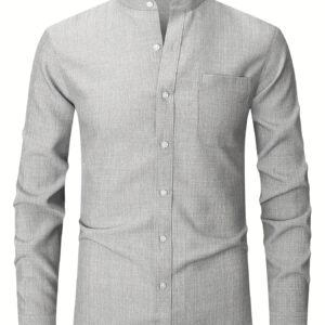 Nueva camisa de manga larga para hombre de primavera y otoño, ideal para jóvenes y personas de mediana edad. Estilo casual y elegante con cuello mao, bolsillos reales y diseño ligero de color sólido.