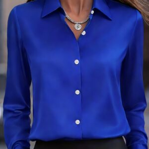 Camisa de Manga Larga con Cuello de Satén para Mujer, Elegante y Sencilla para el Trabajo o el Día a Día