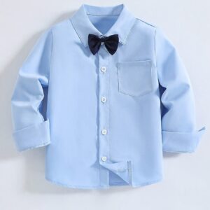 Camisa azul de gentleman para niño, formal, de manga larga con cuello y pajarita, un top clásico para fiestas, bodas y regalos navideños