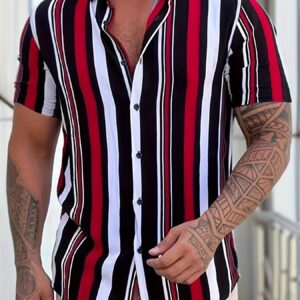 Camisa de manga corta para hombre con rayas irregulares, ideal para primavera, verano y otoño. Perfecta para vacaciones y salidas informales, 100% algodón, lavable a máquina pero no apta para limpieza en seco. C965