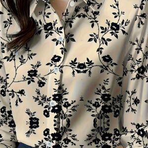 Camisa de manga larga con estampado floral para mujer, top casual abotonado con cuello, hecha de mezcla, estilo ajustado para primavera y otoño.