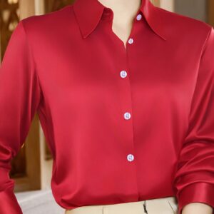 Camisa de satén de moda para mujer con cuello, mangas largas, ideal para un lugar de trabajo de lujo ligero y para ir al trabajo, que emite elegancia