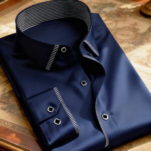 Camisa de Negocios de Manga Larga para Hombre | Elástica, Anti-arrugas, Diseño de Patchwork a Rayas, Cuello Solapa, Para Todas las Estaciones