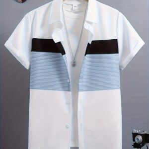Camisa de solapa con pecho abierto y manga corta para niños de 13 a 16 años, con rayas bicolores en el pecho. Elegante y apropiada para diversas ocasiones como la escuela, salidas diarias y reuniones informales, para adolescente