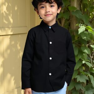 Camisa clásica de manga larga para niños, color liso, con bolsillos y cuello abotonado frontal. Este elegante top formal negro para caballero es versátil y cómodo, ideal para actividades escolares diarias y fiestas festivas.