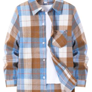 Camisa de manga larga con botones para niño - Diseño casual con cuadros naranja, marrón y beige, con bolsillo en el pecho, ideal para ropa juvenil de primavera y otoño, hecha de tela sin elasticidad