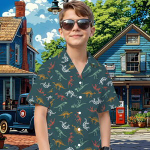 Camiseta de Manga Corta para Niños con Estampado de Dinosaurios Coloridos y Fondo Profundo, Estilo Hawaiano Divertido y Fresco para Vacaciones, Camisa Infantil con Diseño Floral