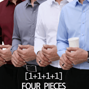 Conjunto de 1+1+1+1 de cuatro piezas de camiseta musculosa de corte entallado para hombre - Camisa de manga larga con cuello brillante y botones, camiseta elástica de fitness, adecuada para gimnasio, oficina y ocasiones de negocios casuales - Estilo de definición muscular, se recomienda lavado a