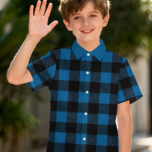 Camisa a cuadros azul frío con estampado digital, camisa creativa para niños, camisa casual de manga corta con solapa, un regalo perfecto para niños