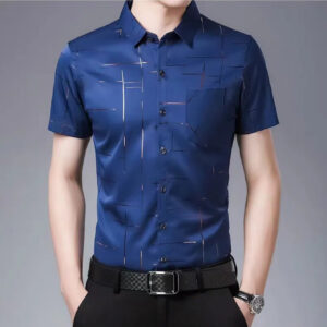 Camisa de Manga Corta para Hombre con Estampado Geométrico y Degradado de Colores - Ligera al 100% Elastano, Transpirable Camisa Casual de Verano con Bolsillos Simulados, Lavable a Máquina Ajuste Regular para Atuendo Casual