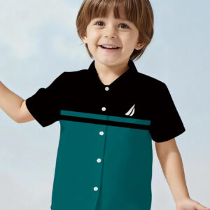 Camiseta minimalista para niños, color verde musgo y negro, con estampado 3D, camisa casual de manga corta con solapa de púa, regalo perfecto para niños