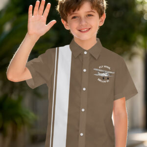 Camisa a rayas Warm Brown Flying Boy con estampado digital, camisa creativa para niños, camisa casual de manga corta con solapa, un regalo perfecto para niños